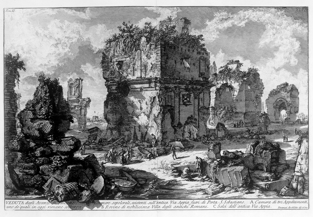 Näkymä haudasta Via Appialla Roomassa. Giovanni Piranesi (tunnetaan nimellä Piranese) piirustus (1720-1778). 1756 tekijältä Giovanni Battista Piranesi