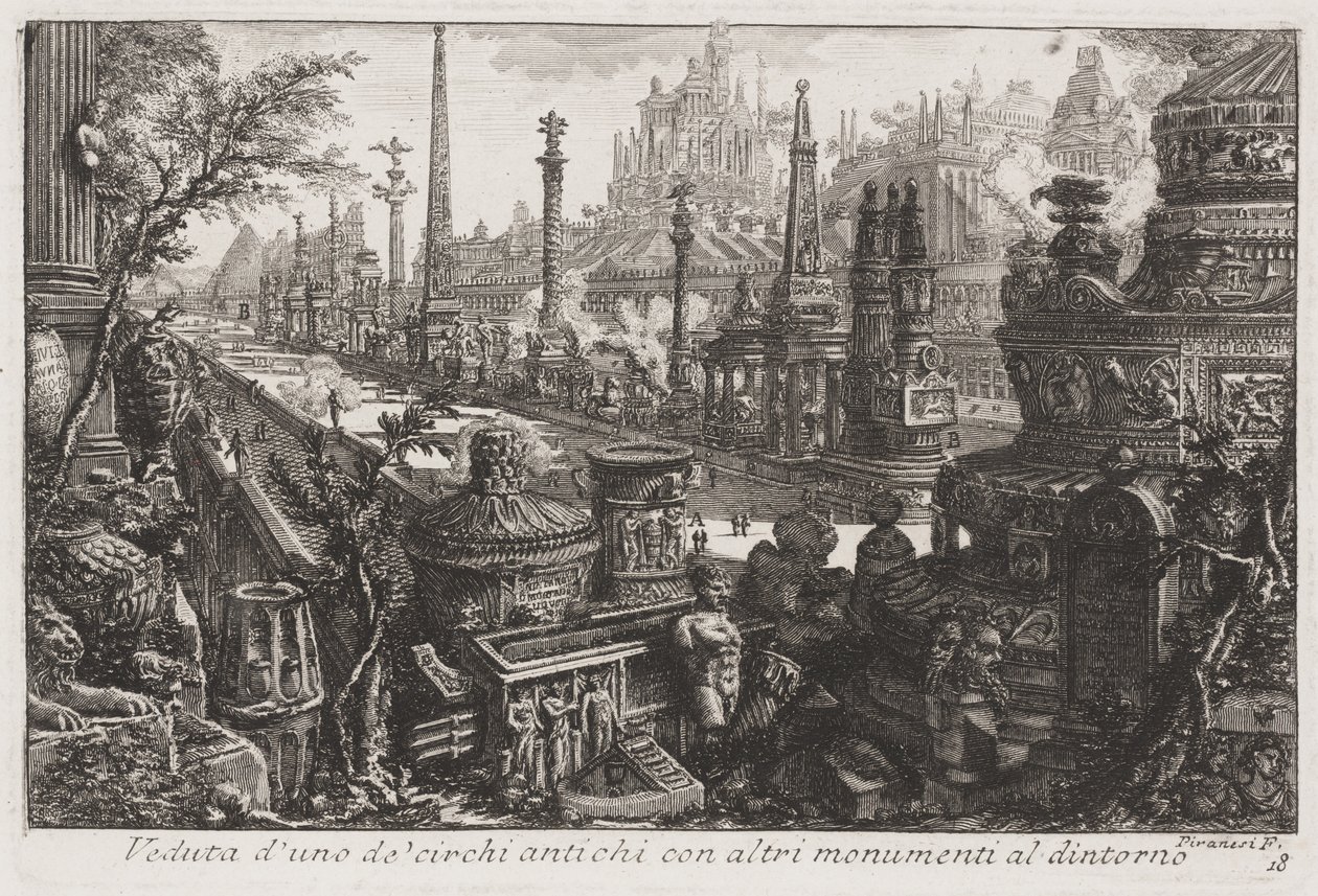 Näkymä vanhasta sirkuksesta, jossa on muita monumentteja, n. 1760 (etsaus) tekijältä Giovanni Battista Piranesi