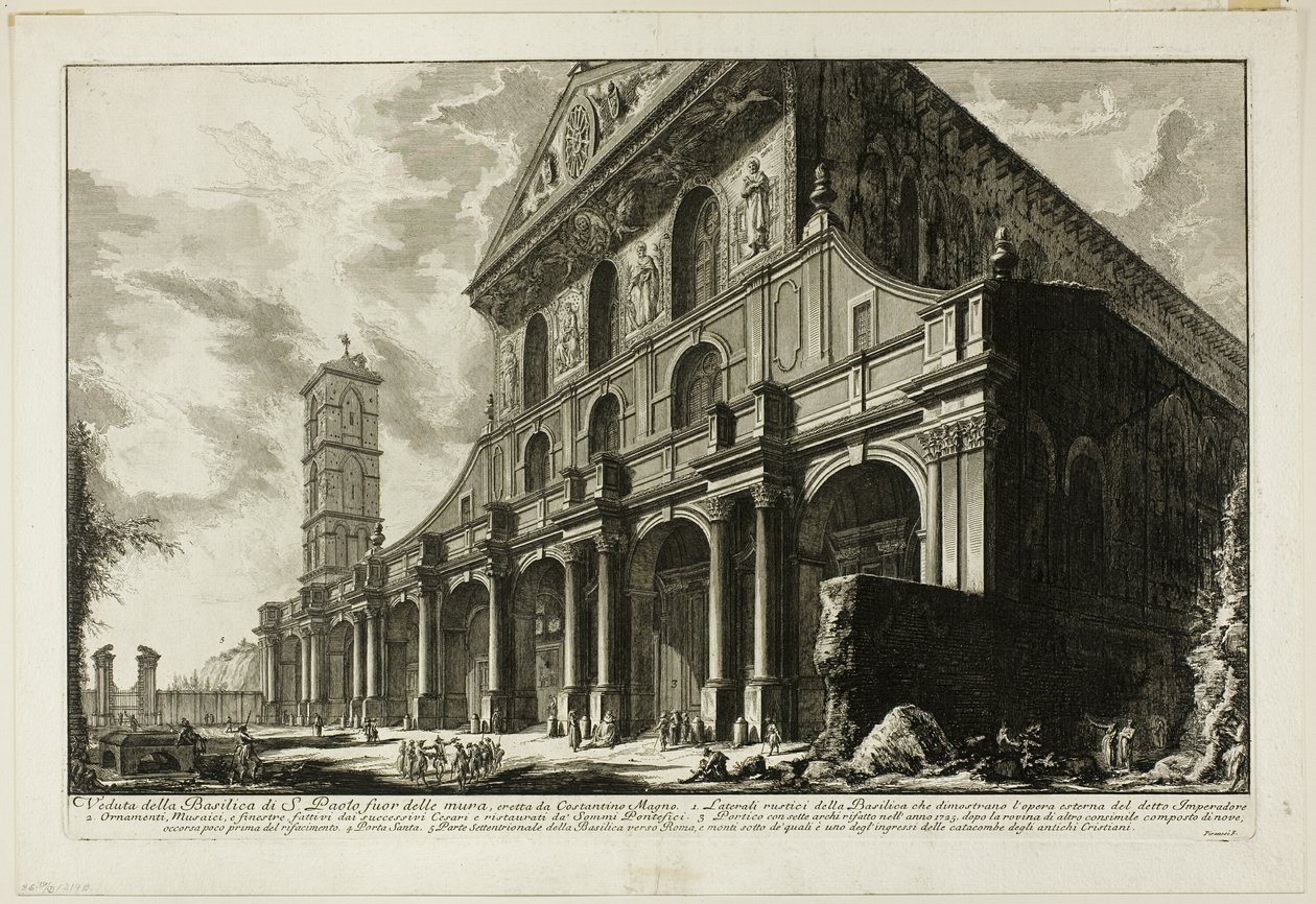 Näkymä S. Paolo fuori delle Muran basilikalle [St. Paavali muurien ulkopuolella], jonka Konstantinus Suuri rakensi Näkymät Roomaan tekijältä Giovanni Battista Piranesi
