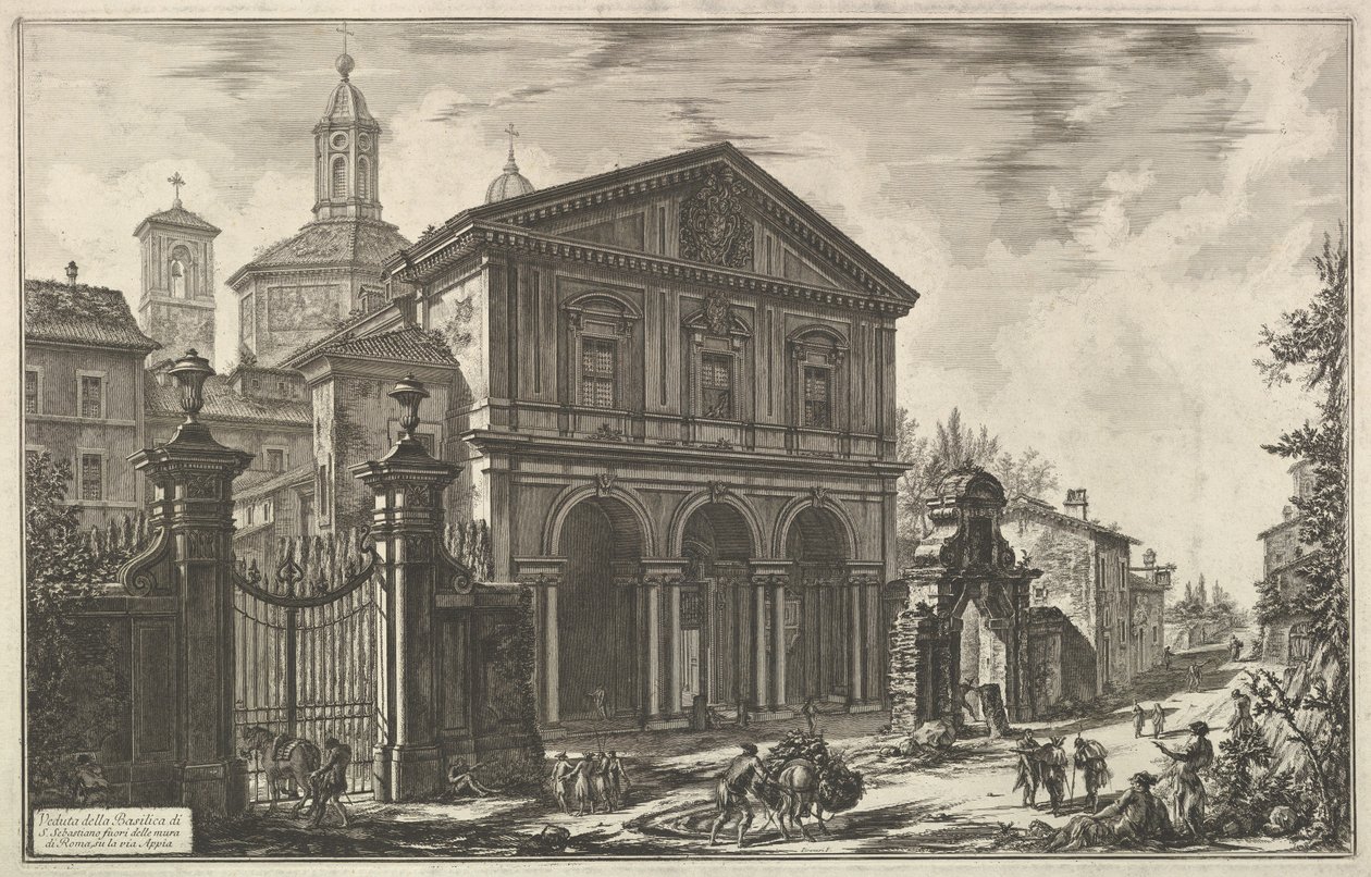 Näkymä Via Appian varrella sijaitsevalle San Sebastiano fuori le mura -basilikalle [Pyhä Sebastian muurien ulkopuolella], teoksesta Vedute di Roma (Näkymiä Roomasta) tekijältä Giovanni Battista Piranesi