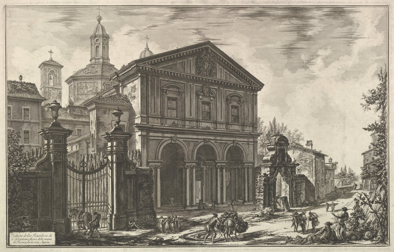 Näkymä San Sebastianon basilikalle muurien ulkopuolella [St. Sebastian muurin ulkopuolella..., n. 1750. tekijältä Giovanni Battista Piranesi