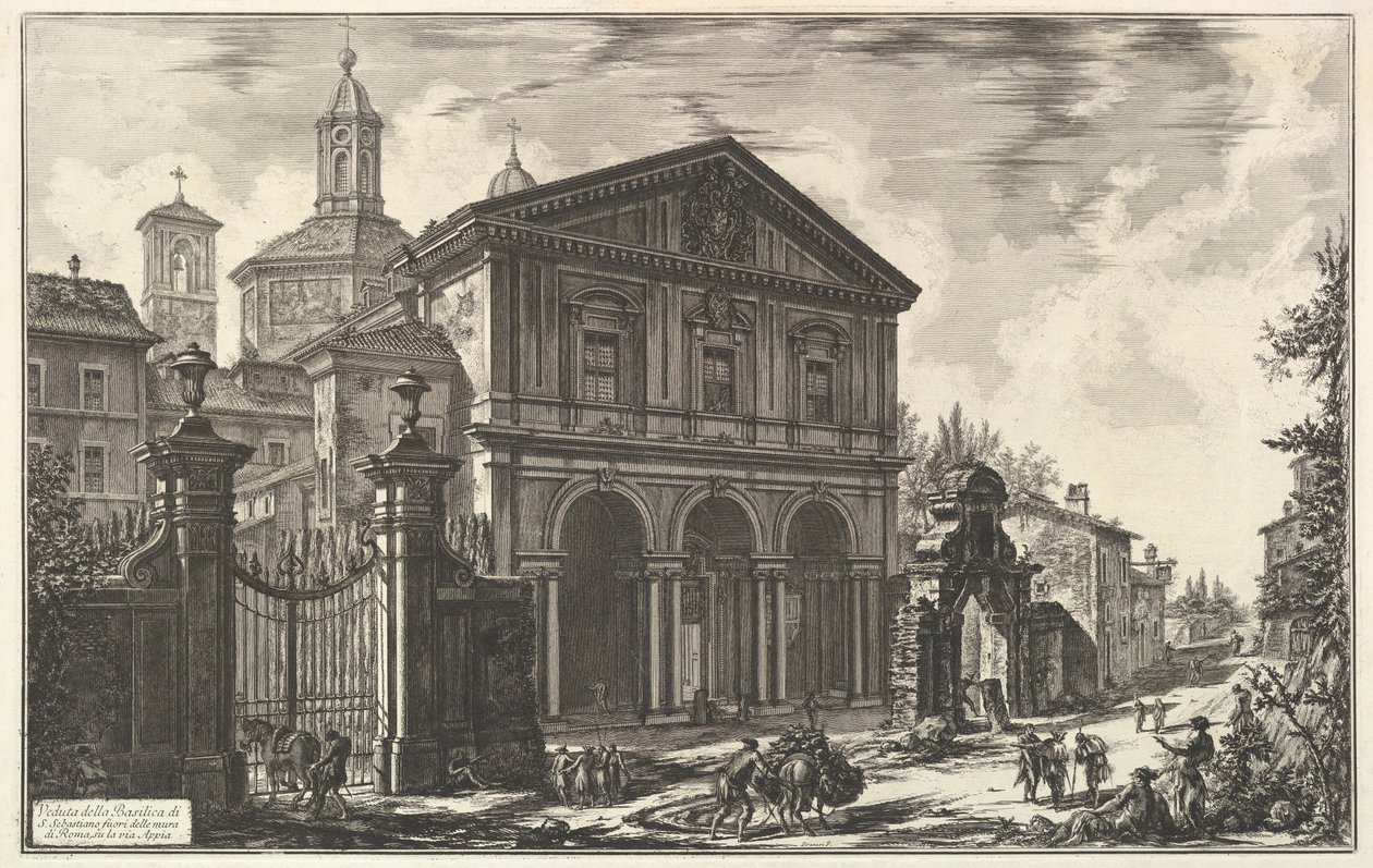 Näkymä Via Appian varrella sijaitsevalle San Sebastiano fuori le muran basilikalle, teoksesta Vedute di Roma tekijältä Giovanni Battista Piranesi