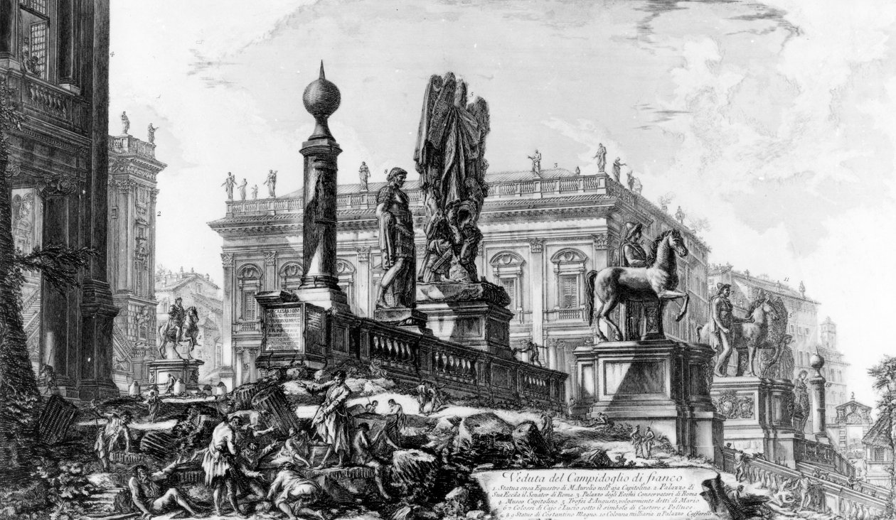 Näkymä Capitol-kukkulalle, "Views of Rome" -sarjasta, n. 1760 (etsaus) tekijältä Giovanni Battista Piranesi
