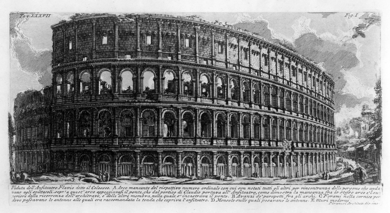Näkymä Colisseelle (Colesseo) Roomassa. Giovanni Piranesi (tunnetaan nimellä Piranese) piirustus (1720-1778). 1756 tekijältä Giovanni Battista Piranesi