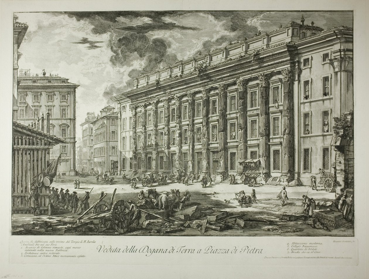 Näkymä Piazza di Pietran tullitaloon, joka on rakennettu Marcus Aurelius Antoninus Piuksen Forumilla sijaitsevan temppelin raunioille, alkaen Views of Rome (Näkymiä Roomasta) tekijältä Giovanni Battista Piranesi