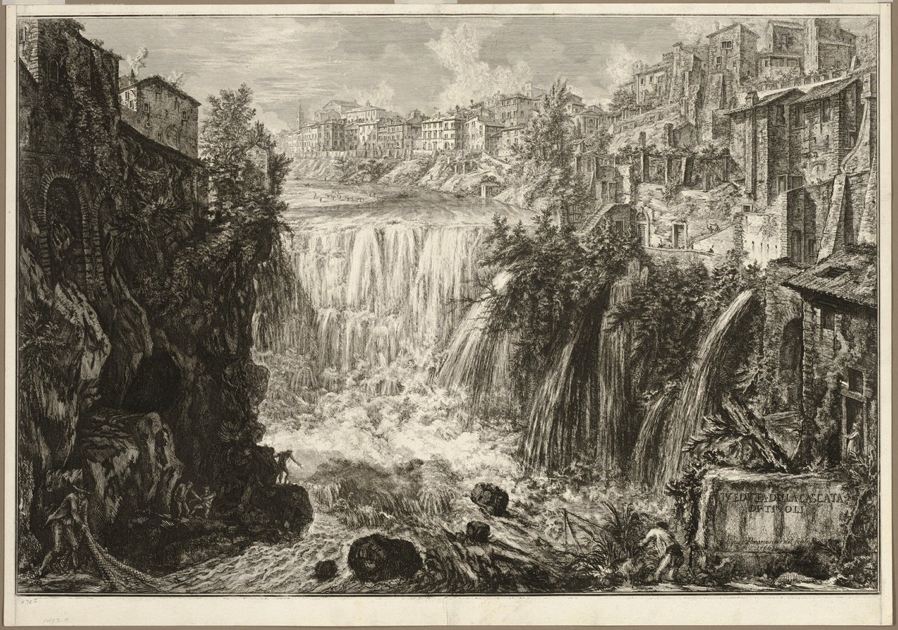 Näkymä Grand Cascadelle Tivolissa Rooman näkymistä tekijältä Giovanni Battista Piranesi