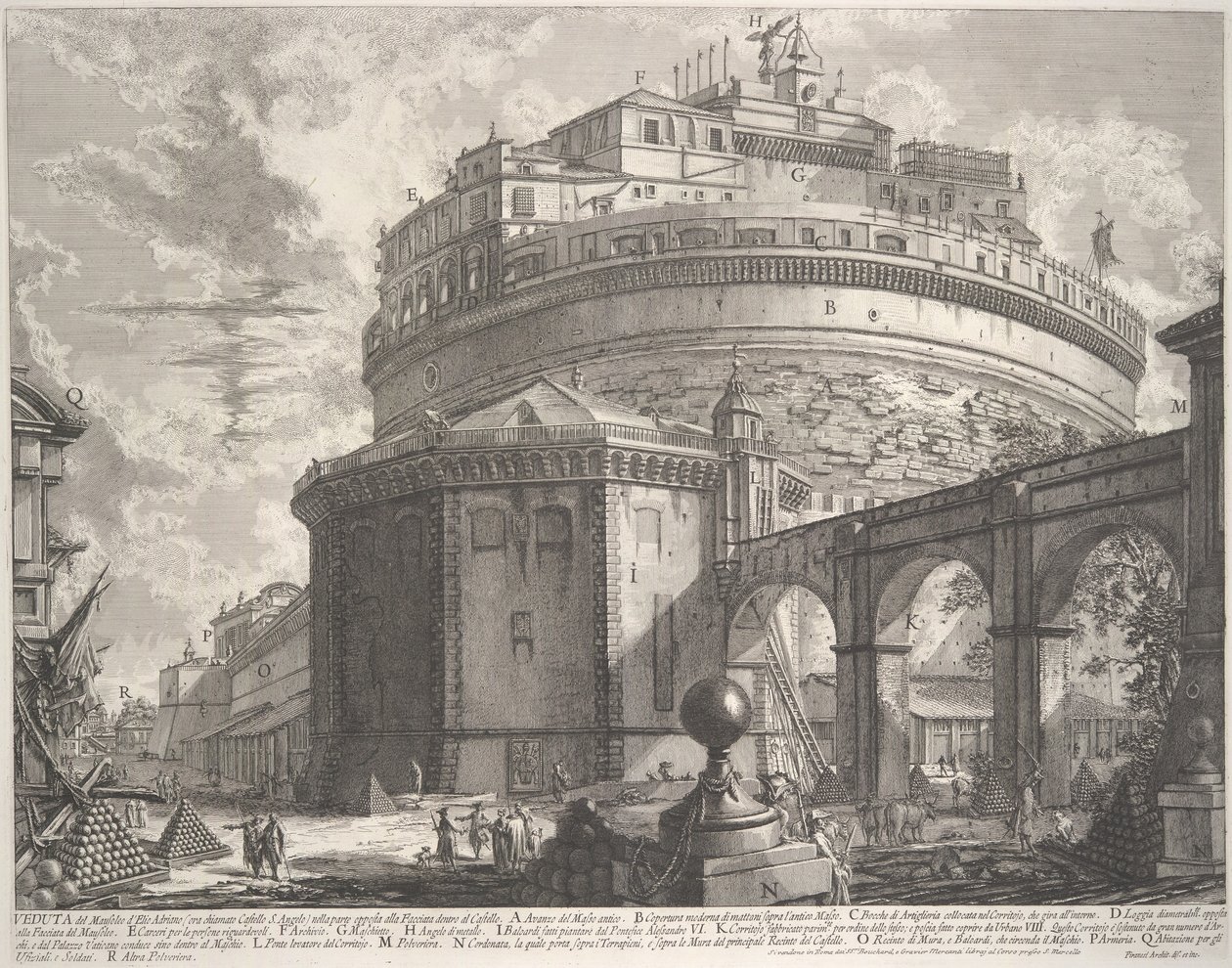 Näkymä keisari Hadrianuksen mausoleumista nimeltä Castel S. Angelo..., n. 1756. tekijältä Giovanni Battista Piranesi