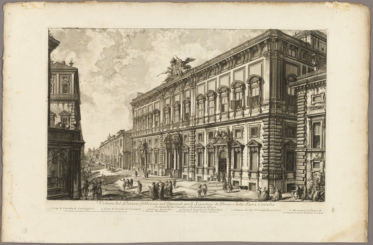Näkymä Palazzo della Consultalle Quirinalissa, jossa on paavin sihteeristö, Rooman näkymistä tekijältä Giovanni Battista Piranesi