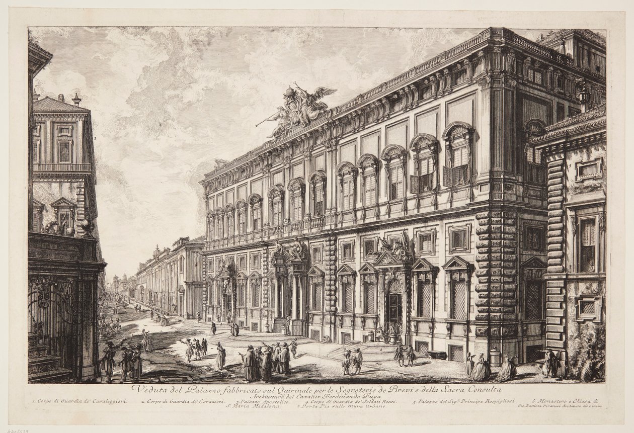 Näkymä Quirinal-kukkulalla sijaitsevaan Palazzo della Consultaan, jossa toimii paavillinen sihteeristö tekijältä Giovanni Battista Piranesi