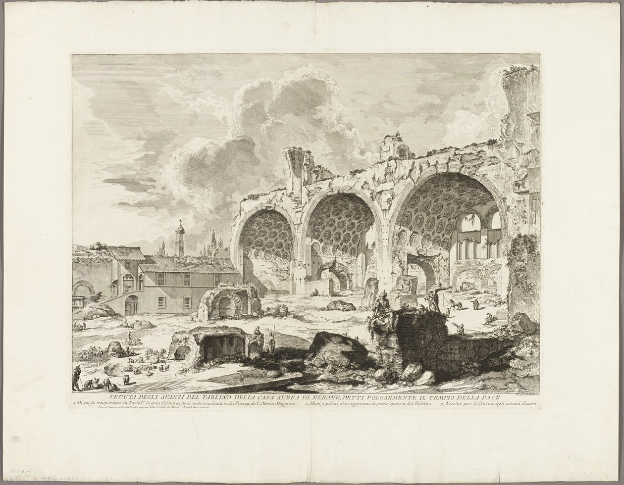 Näkymä Neron kultaisen talon ruokasalin jäännöksille, jota yleisesti kutsutaan rauhantemppeliksi, Rooman näkymistä tekijältä Giovanni Battista Piranesi