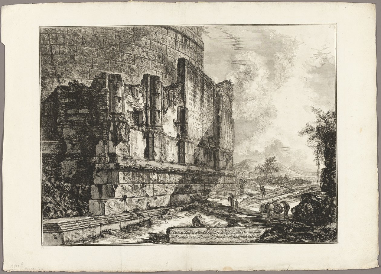 Näkymä Plautien haudan jäännöksille Via Tiburtina -kadulla, lähellä Ponte Luganoa, kahden mailin päässä Tivolista, Rooman näkymistä tekijältä Giovanni Battista Piranesi