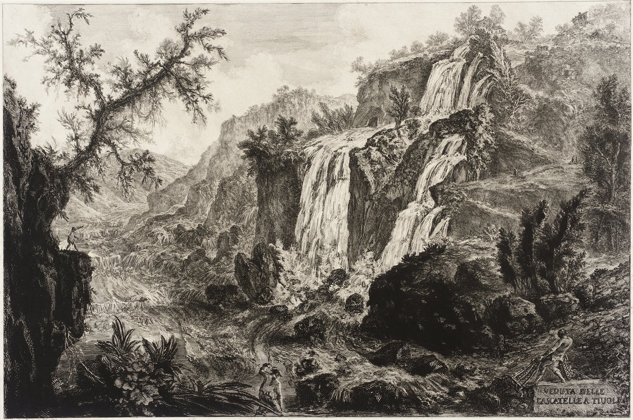 Näkymä pienelle vesiputoukselle ja koskille, Tivoli tekijältä Giovanni Battista Piranesi