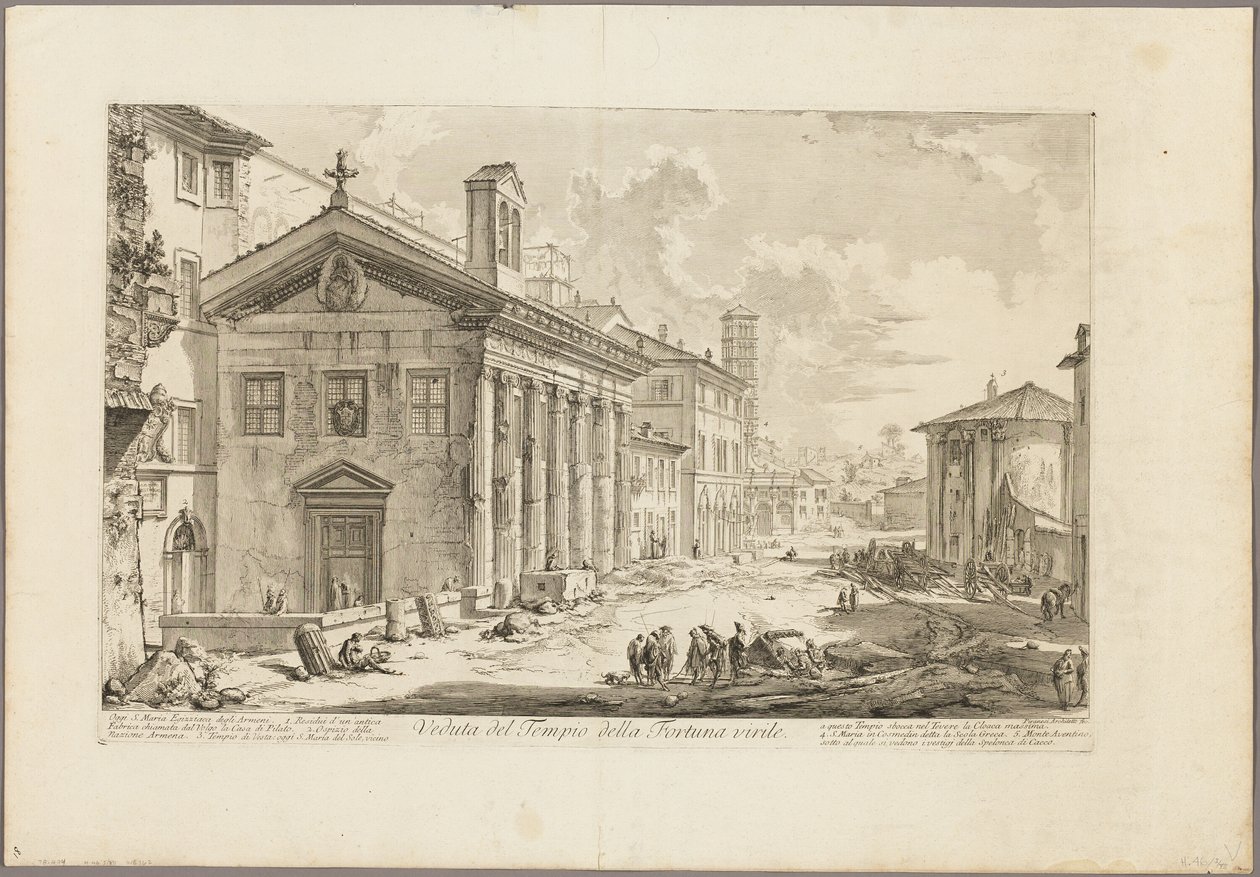 Näkymä Fortuna Viriliksen temppelistä. Nyt armenialainen S. Maria Egiziacan kirkko Rooman näkymistä tekijältä Giovanni Battista Piranesi