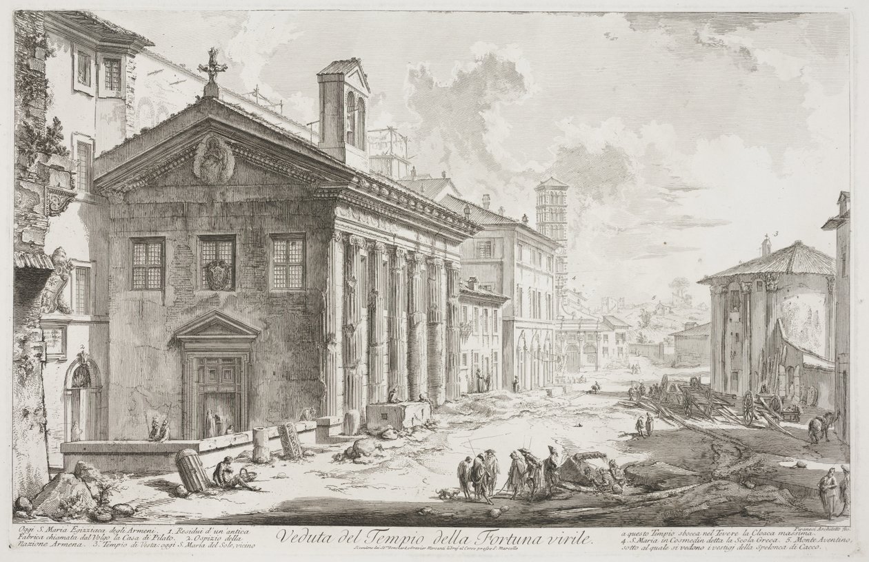 Näkymä Fortuna Viriliksen temppelistä, nykyisestä S. Maria Egiziacan armenialaisesta kirkosta, n. 1760-78 (etsaus) tekijältä Giovanni Battista Piranesi