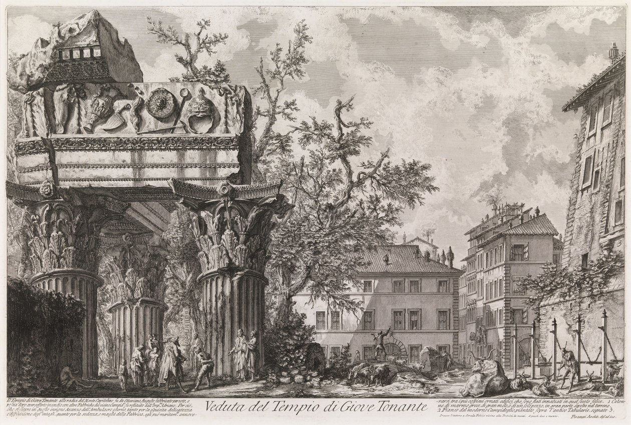 Näkymä Vespasianuksen ja Tituksen temppelille, jota kutsutaan Jupiter Tonansin temppeliksi, sarjasta Vedute di Roma tekijältä Giovanni Battista Piranesi