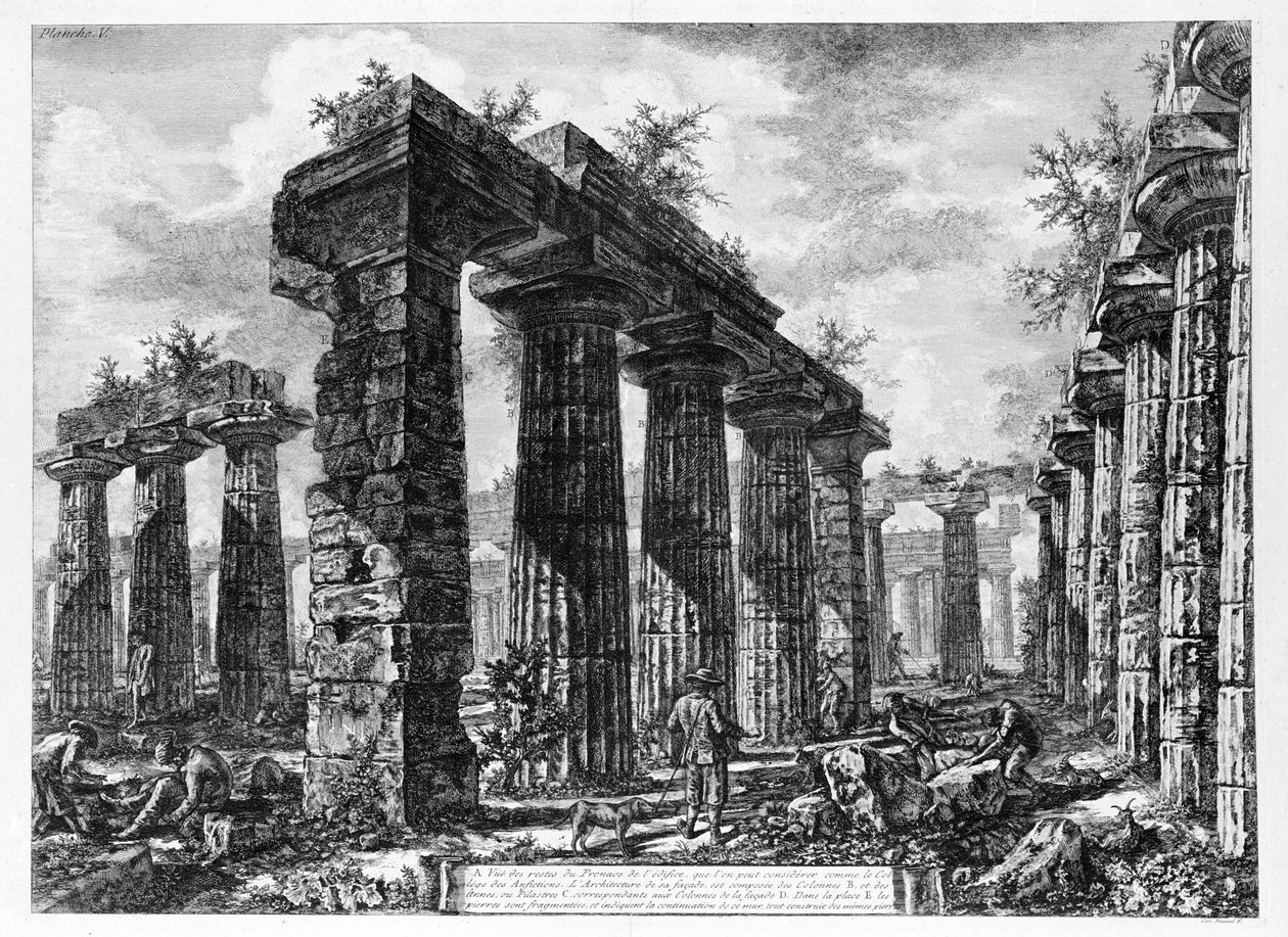 Näkymä Paestumin temppeleille (litho) tekijältä Giovanni Battista Piranesi