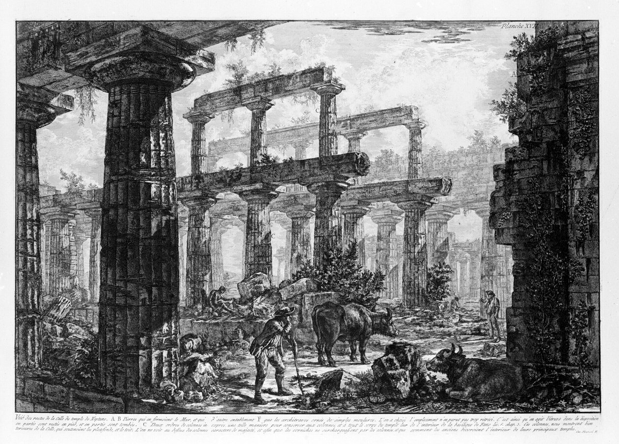 Näkymä Paestumin temppeleille (litho) tekijältä Giovanni Battista Piranesi