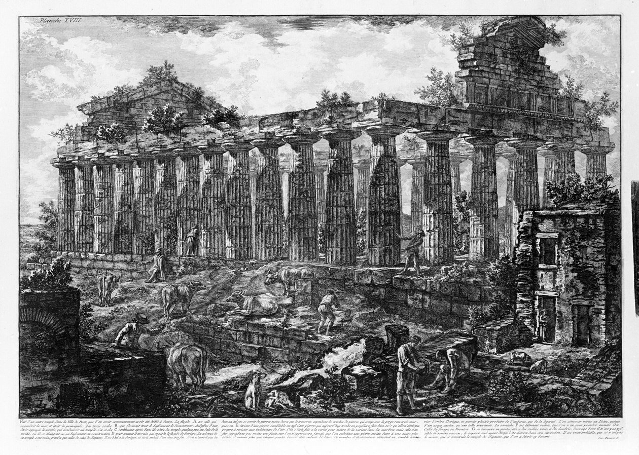 Näkymä Paestumin temppeleille (litho) tekijältä Giovanni Battista Piranesi