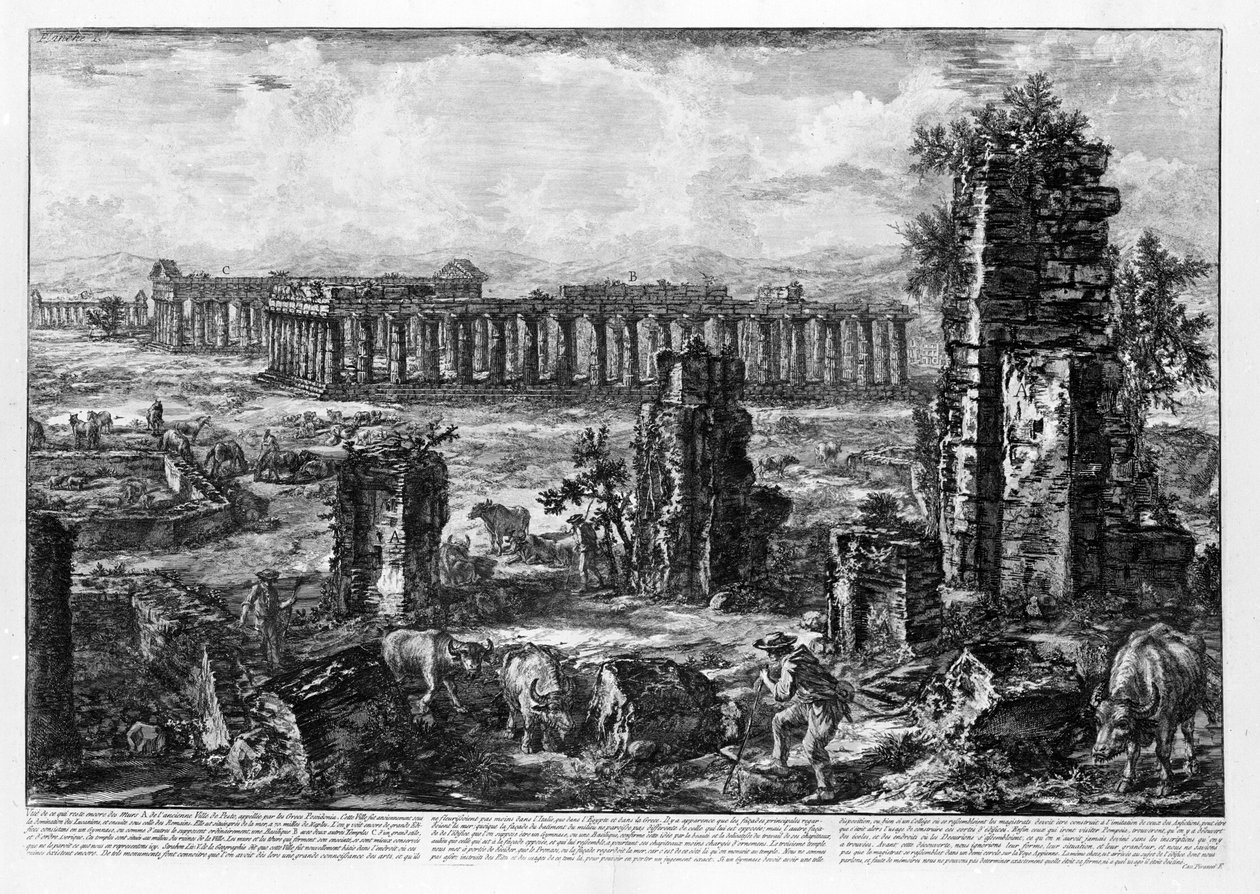 Näkymä Paestumin temppeleille (litho) tekijältä Giovanni Battista Piranesi