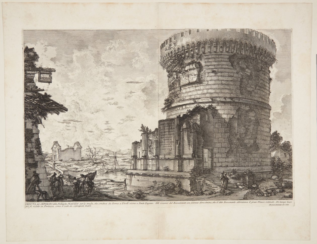 Näkymä Plautien haudalle tiellä, joka johtaa Roomasta Tivoliin lähellä Ponte Luganoa tekijältä Giovanni Battista Piranesi