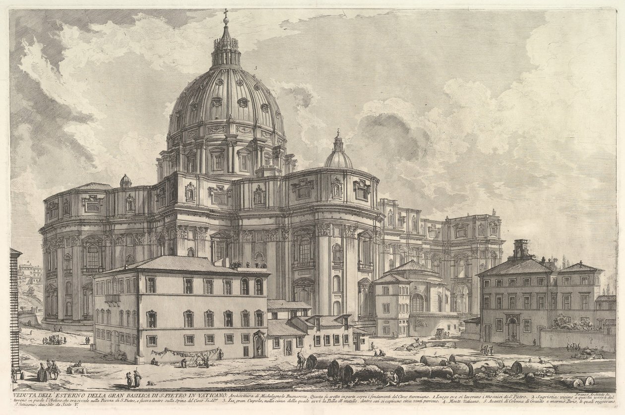 Näkymä Vatikaanin Pietarinkirkon ulkopuolelta Vedute di Roma Romalta..., n. 1748. tekijältä Giovanni Battista Piranesi