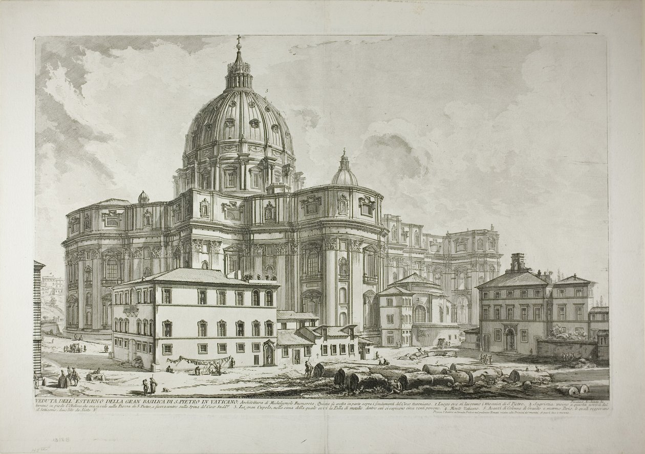 Näkymä Vatikaanin Pietarinkirkon ulkoseinästä, osoitteesta Views of Rome (Näkymiä Roomasta) tekijältä Giovanni Battista Piranesi