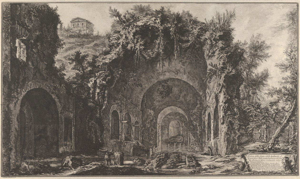 Näkymä suihkulähteelle ja Egirian luolalle Porta Capenan ulkopuolella, 1760-78. tekijältä Giovanni Battista Piranesi
