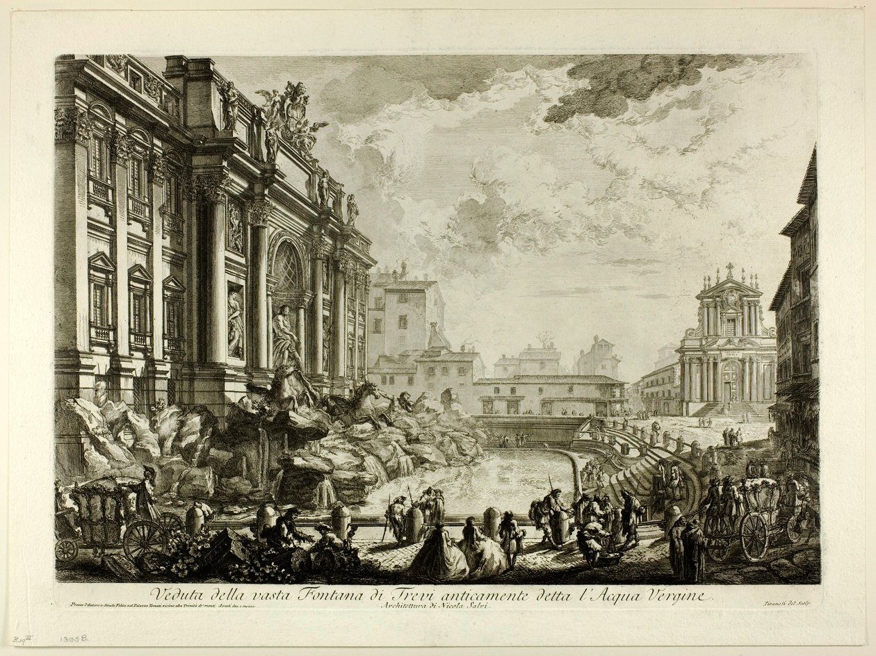 Näkymä suurelle Trevin suihkulähteelle, jota aiemmin kutsuttiin Acqua Vergineksi, Views of Rome -näkymästä tekijältä Giovanni Battista Piranesi