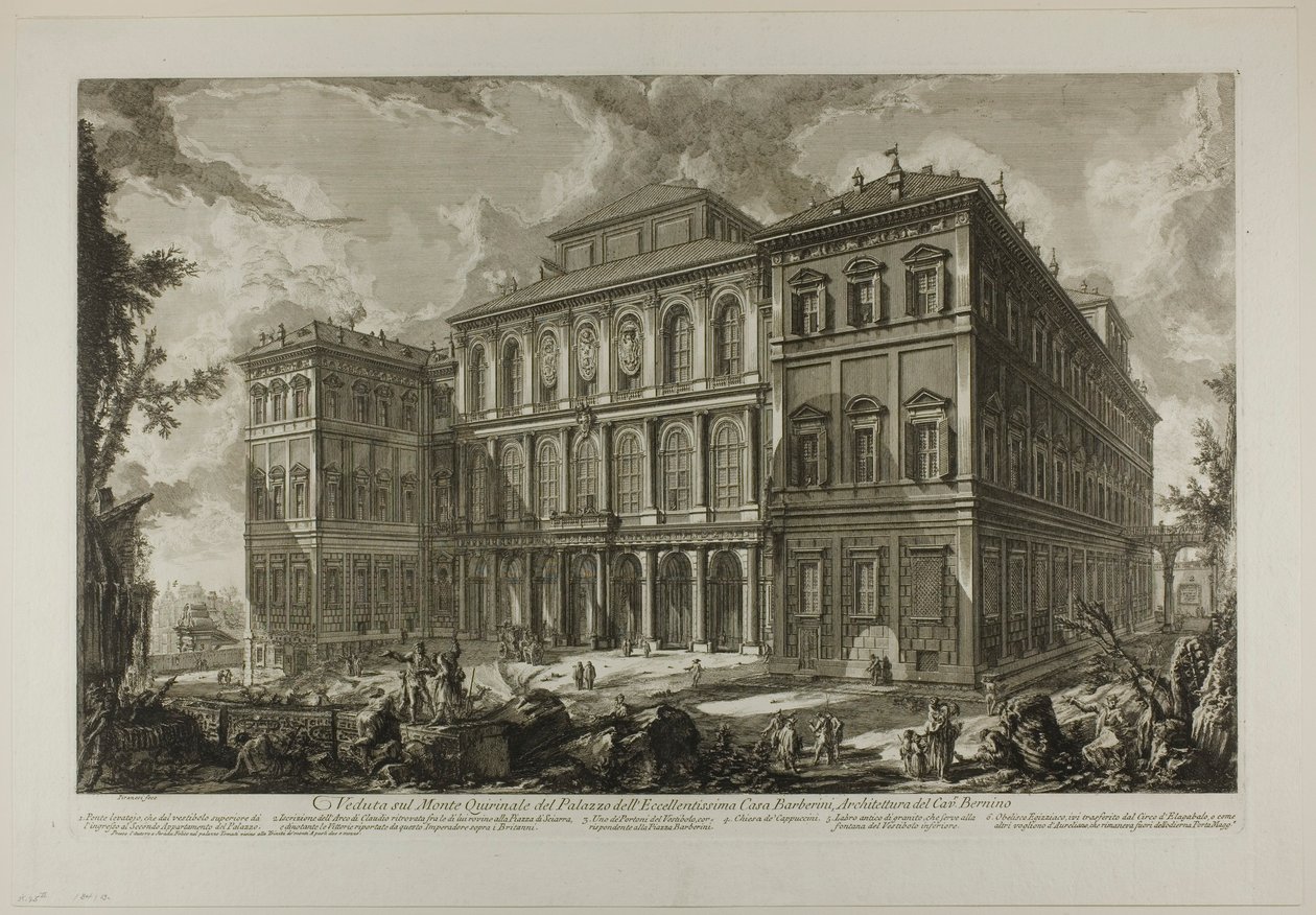 Näkymä maineikkaan Barberinin perheen palatsista Quirinal-kukkulalla, jonka on suunnitellut Cavaliere Bernin, Rooman näkymistä tekijältä Giovanni Battista Piranesi