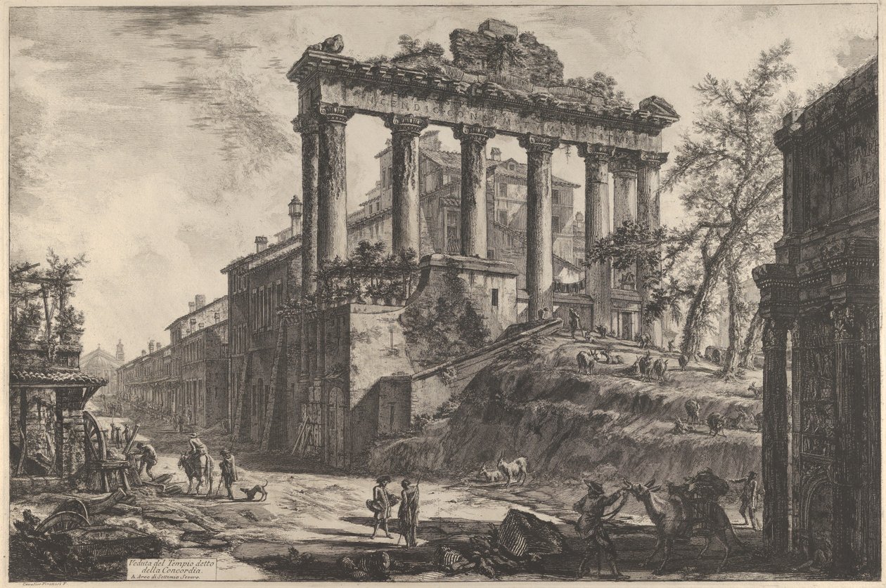 Näkymä ns. Concordin temppelistä Saturnuksen temppelin kanssa..., 1760-78. tekijältä Giovanni Battista Piranesi