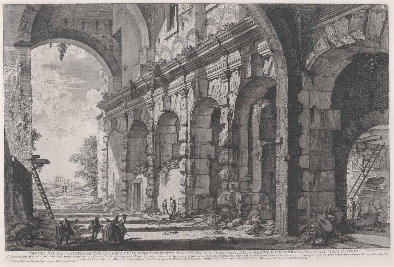 Näkymä keisari Domitianuksen rakentamien villieläinten häkkien yläkerroksesta, joka liittyy Flaviuksen amfiteatteriin ja jota kutsutaan yleisesti Curia Hostiliaksi, n. 1760-1778 (etsaus) tekijältä Giovanni Battista Piranesi
