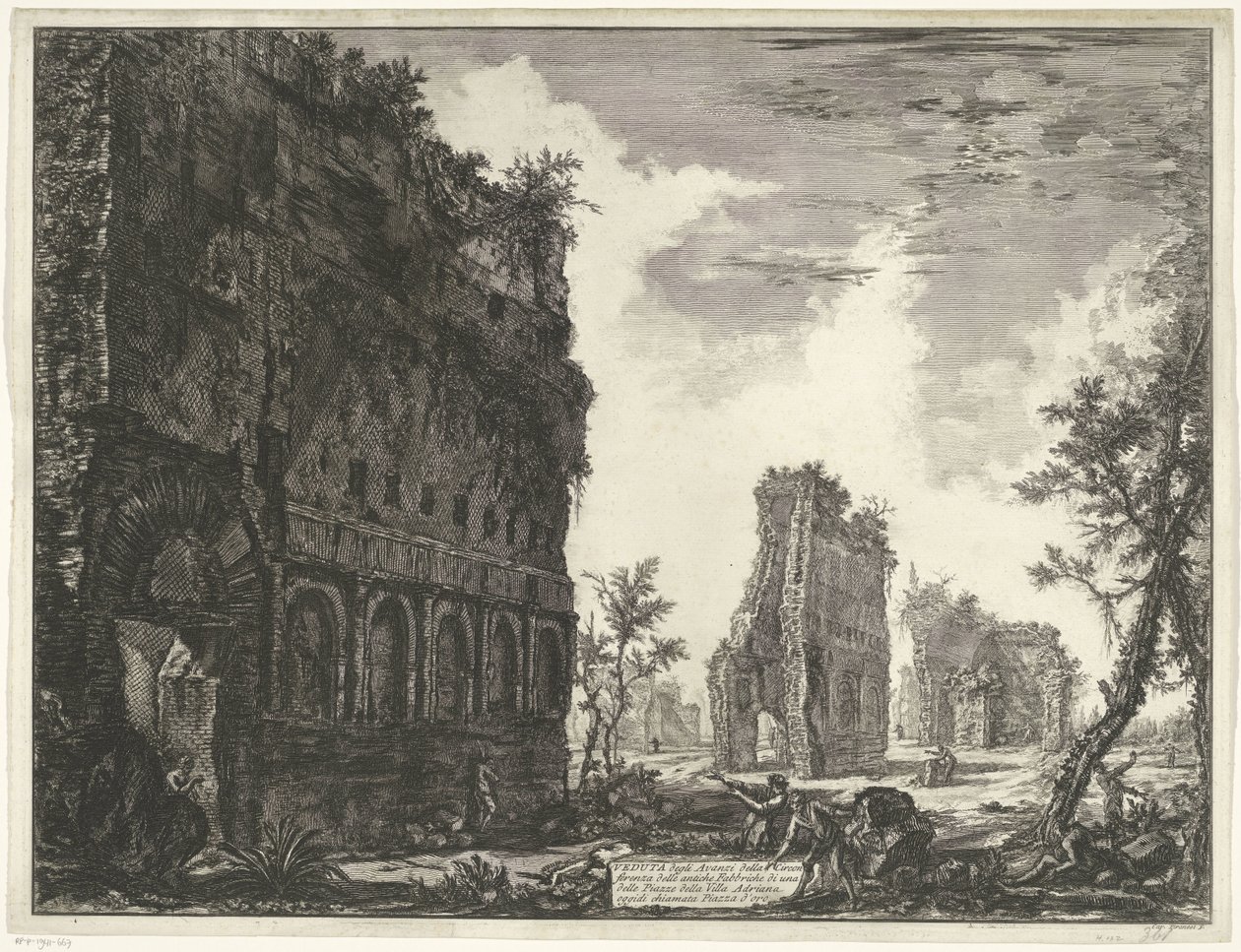 Villa Adriana t ja Tivoli Näkymä Villa Adrianan yhden aukion muinaisten tehtaiden kehän jäännöksistä (otsikko esineessä) Gezichten op Rome (sarjan nimi) Näkymät Roomaan suunnitellut ja kaivertanut Giambattista Piranesi arkkitehti Ve ( tekijältä Giovanni Battista Piranesi
