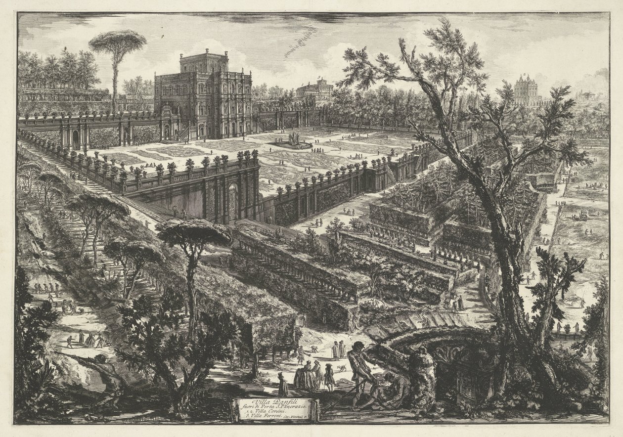 Villa Doria Pamphili Roomassa Villa Panfili Porta S. Pancrazion ulkopuolella (otsikko esineessä) Gezichten op Rome (sarjan nimi) Näkymät Roomaan suunnitellut ja kaivertanut Giambattista Piranesi arkkitehti Ve (nez) iano (sarjan nimi) tekijältä Giovanni Battista Piranesi