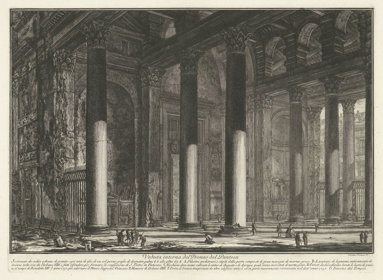 Portaali on Rooman Pantheon Pantheonin Pronaoksen sisäkuva (otsikko esineessä) Gezichten op Rome (sarjan nimi) Rooman näkymät piirtänyt ja kaivertanut Giambattista Piranesi arkkitehti Ve(nez)iano (sarjan nimi) tekijältä Giovanni Battista Piranesi