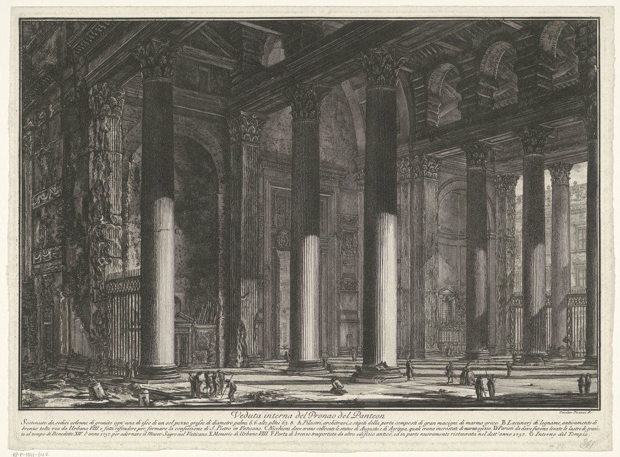 Portaali on Rooman Pantheon Pantheonin Pronaoksen sisäkuva (otsikko esineessä) Gezichten op Rome (sarjan nimi) Näkymät Roomaan suunnitellut ja kaivertanut Giambattista Piranesi arkkitehti Ve (nez) iano (sarjan nimi) tekijältä Giovanni Battista Piranesi