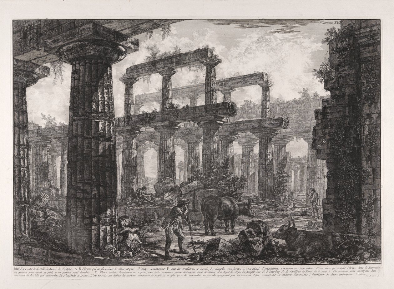 Näkymä Neptunuksen temppelin Cellan jäännöksille, eri näkymistä tekijältä Giovanni Battista Piranesi