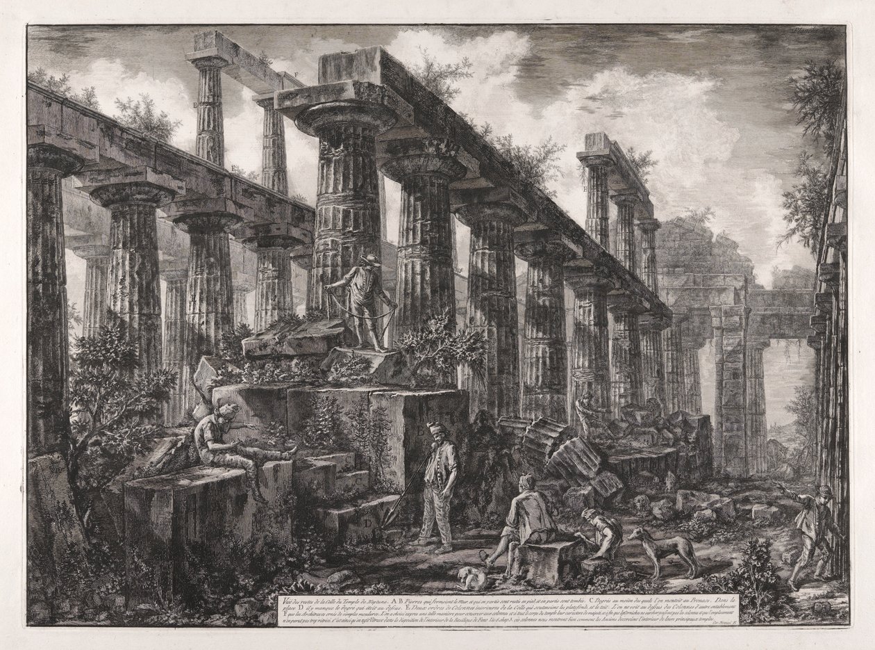 Näkymä Neptunuksen temppelin Cellan jäännöksille, eri näkymistä tekijältä Giovanni Battista Piranesi