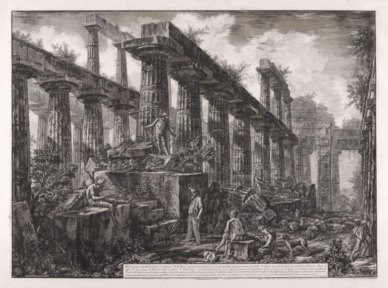 Näkymä Neptunuksen temppelin cellan jäännöksistä, teoksesta "Erilaisia näkymiä ... Paestumista" tekijältä Giovanni Battista Piranesi