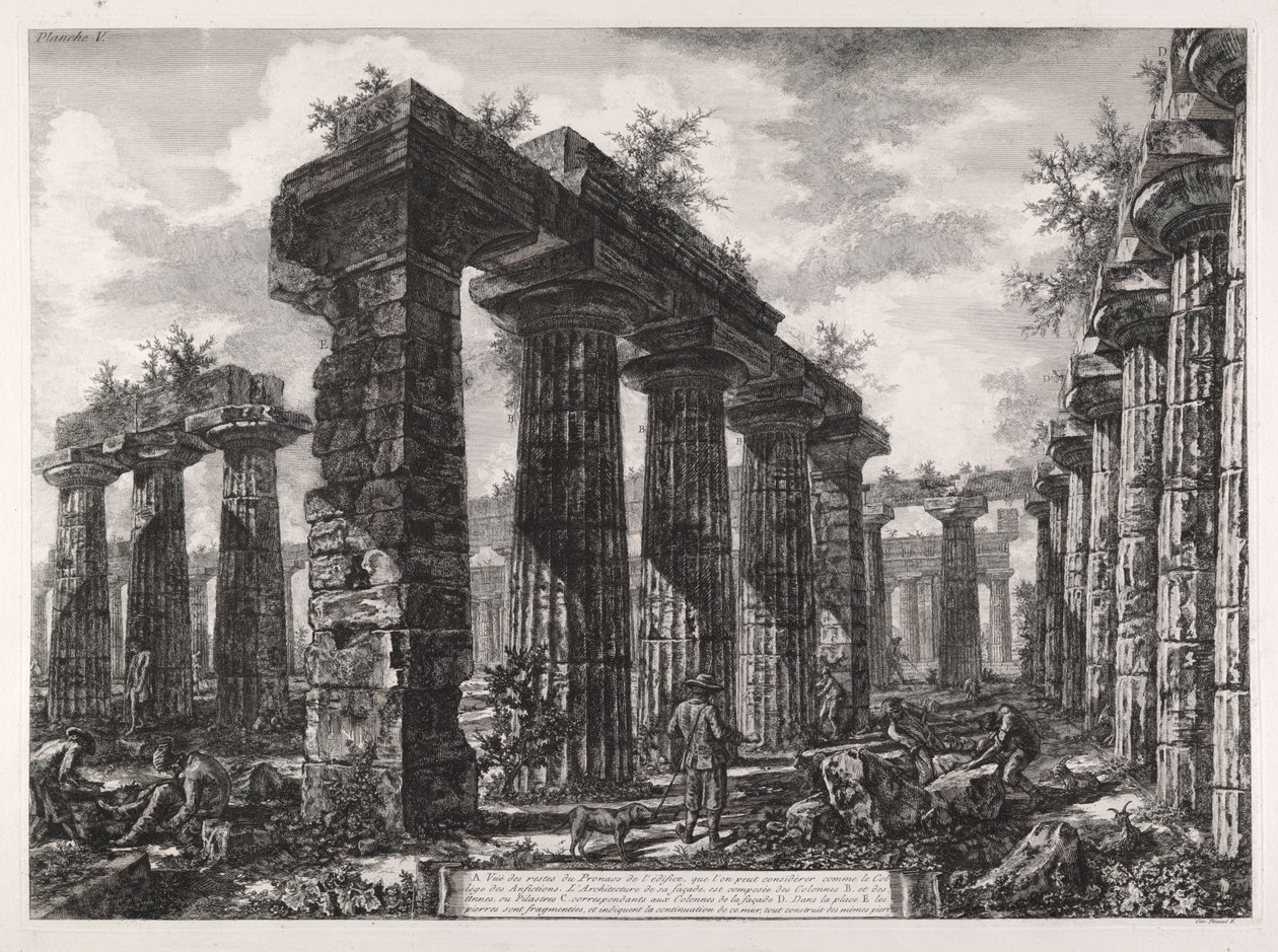 Näkymä rakennuksen pronaoksen jäännöksistä; rakennusta voidaan pitää amfiktyonien kollegiona... teoksesta Différentes vues de... Pesto tekijältä Giovanni Battista Piranesi