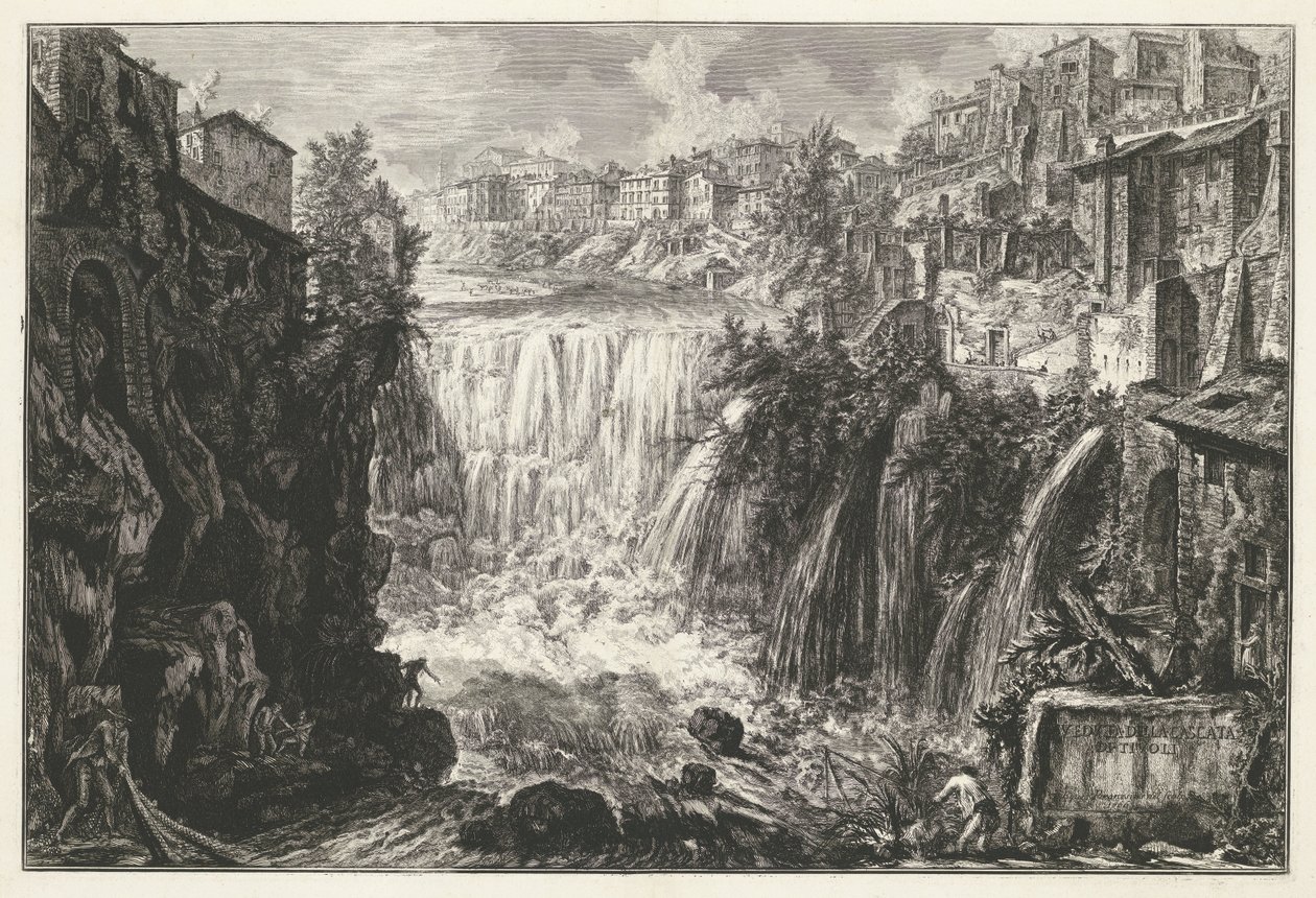 Waterval Tivolissa Näkymä Tivoli-vesiputoukselle (otsikko esineessä) Gezichten op Rome (sarjan nimi) Näkymät Roomaan suunnitellut ja kaivertanut Giambattista Piranesi arkkitehti Ve (nez) iano (sarjan nimi) tekijältä Giovanni Battista Piranesi