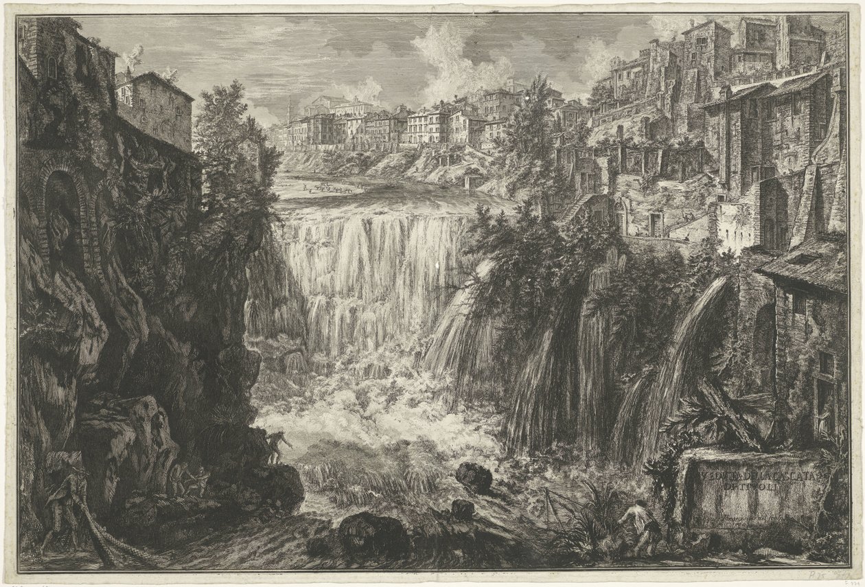 Waterval Tivolissa Näkymä Tivoli-vesiputoukselle (otsikko esineessä) Gezichten op Rome (sarjan nimi) Näkymät Roomaan suunnitellut ja kaivertanut Giambattista Piranesi arkkitehti Ve (nez) iano (sarjan nimi) tekijältä Giovanni Battista Piranesi
