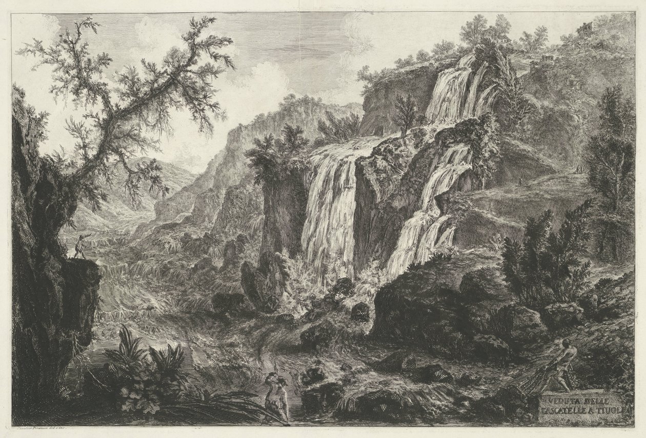Watervallen te Tivolissa Näkymä Cascatellesta Tivolissa (otsikko esineessä) Gezichten op Rome (sarjan nimi) Näkymät Roomaan suunnitellut ja kaivertanut Giambattista Piranesi arkkitehti Ve (nez) iano (sarjan nimi) tekijältä Giovanni Battista Piranesi
