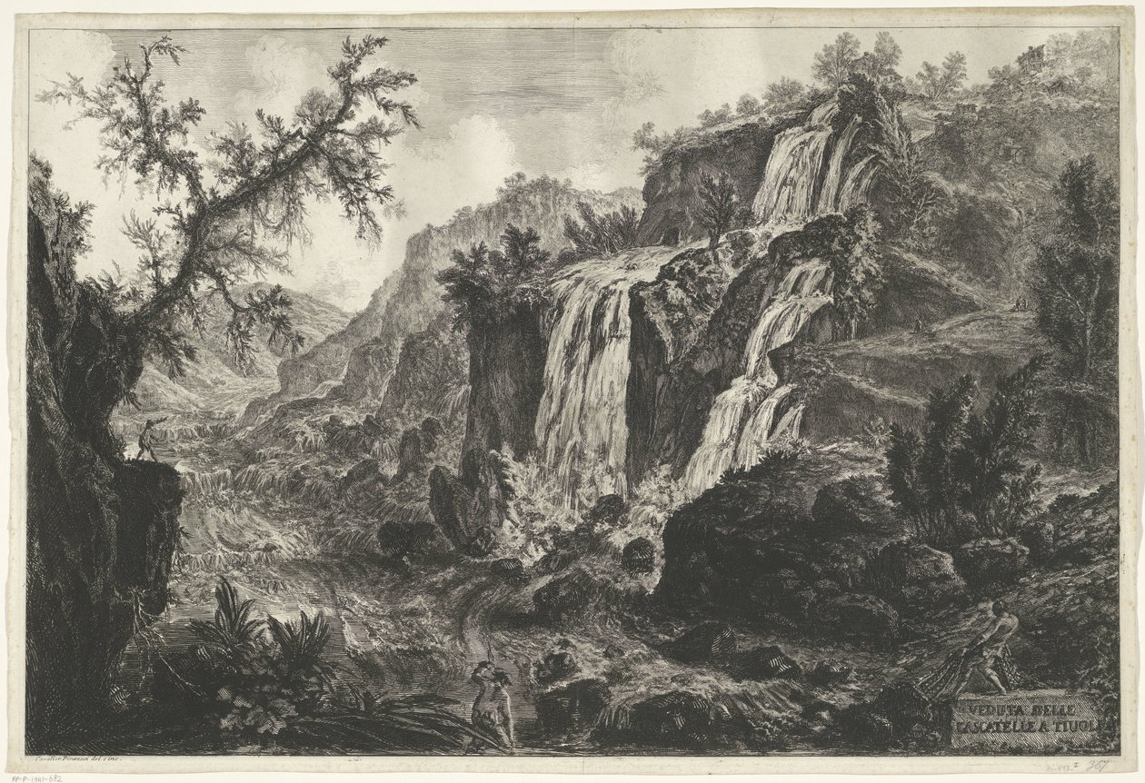 Watervallen te Tivolissa Näkymä Tivolin vesiputouksille (otsikko esineessä) Gezichten op Rome (sarjan nimi) Rooman näkymät piirtänyt ja kaivertanut Giambattista Piranesi arkkitehti Ve(nez)iano (sarjan nimi) tekijältä Giovanni Battista Piranesi