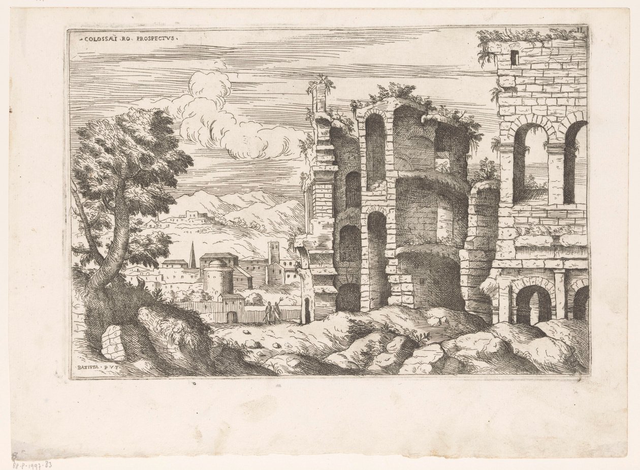 Gezicht op het Colosseum en omgeving te Rome Colosseum ro -esite (otsikko esineessä) Rooman rauniot (sarjan nimi) Jotkut Rooman antiikin tärkeät monumentit (...) (sarjan nimi) tekijältä Giovanni Battista Pittoni (I)