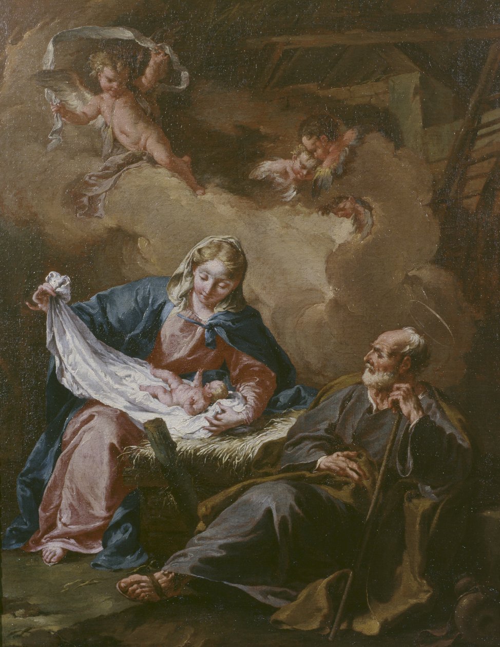 Pyhä perhe n. 1730-40 (öljy kankaalle) (katso myös 101586) tekijältä Giovanni Battista Pittoni