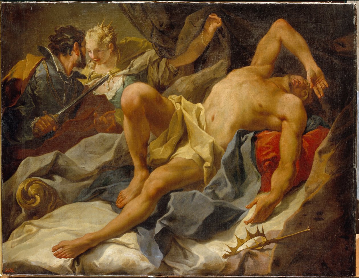 Kuningas Candaulesin kuolema (tai Sadyatte tai Myrsile, Lydian kuningas, 8. vuosisadalla eKr.). (Death Of King Candaules) - Hänen uskottunsa ja kilpailijansa Gyges murhasi hänet, joka puukottaa häntä ja menee naimisiin hänen vaimonsa kuningatar Tudon kanss tekijältä Giovanni Battista Pittoni