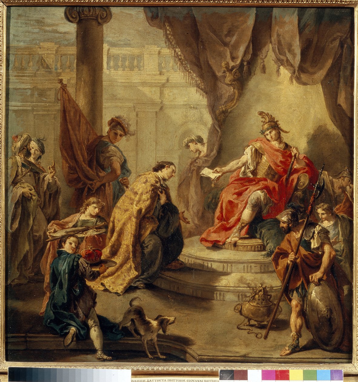Keisari Flavius ​​​​Honorius (384-423) teki Constantius III:sta (kuoli 421) toverikseen (vuonna 421). (Keisari Honorius tekee Constantiuksesta toverikseen). Maalaus Giambattista (Giovan Battista) (Giovanni Battista) Pittoni (1687-1767), öljy kankaalle, c tekijältä Giovanni Battista Pittoni