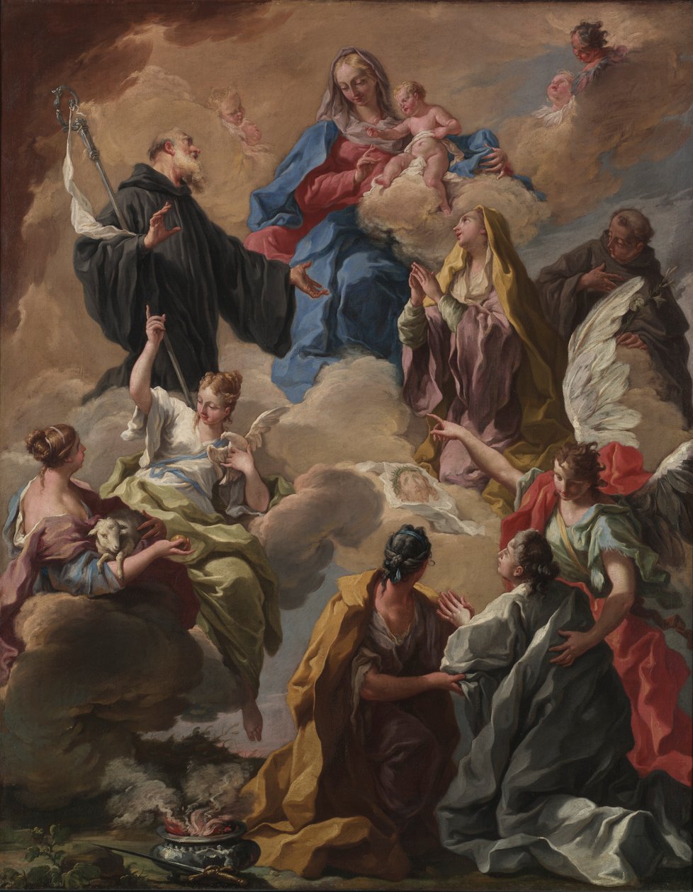 Pyhät esittelevät uskollisen naisen neitsyelle ja lapselle, 1720-luku. tekijältä Giovanni Battista Pittoni