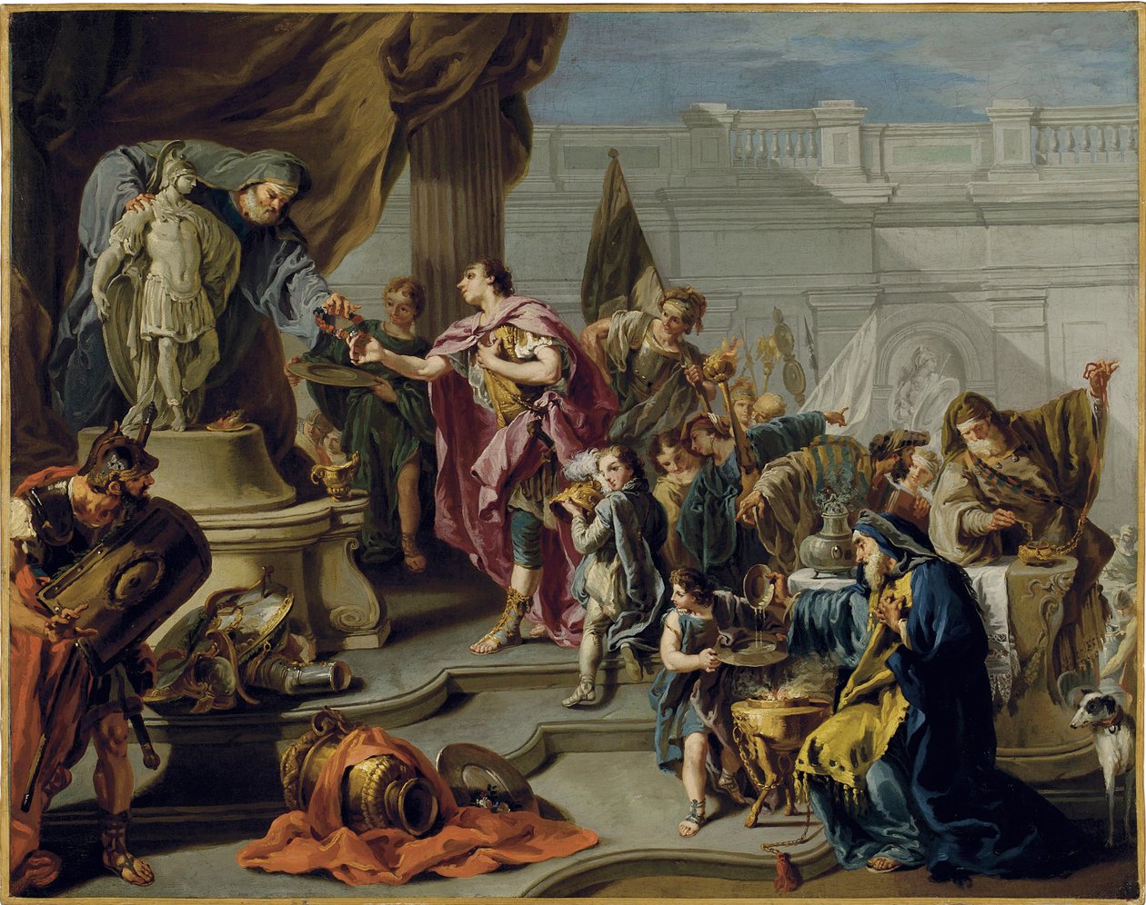 Scipion afrikkalainen (Publius Cornelius Scipio Africanus) (235-183 eKr.) osoittaa kunnioitusta Mars-jumalalle (Scipio kunnioittaa Marsia) - Giovan Battista Pittonin (1687-1767) maalaus, öljy kankaalle (71,7x91,1 cm) - Yksityinen kokoelma tekijältä Giovanni Battista Pittoni
