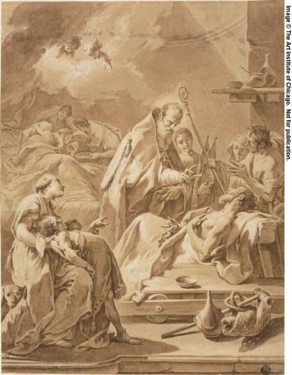 Pyhä Gilbert vierailee sairaiden luona tekijältä Giovanni Battista Pittoni the Younger